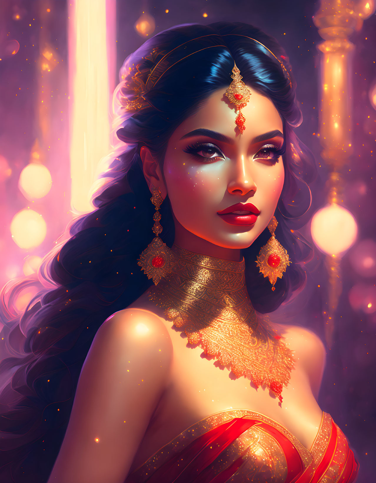 Traditional woman illustration with gold jewelry and lanterns in starry sky