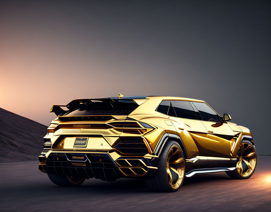 Luxurious Gold and Black SUV with Aggressive Styling on Asphalt Road at Sunset