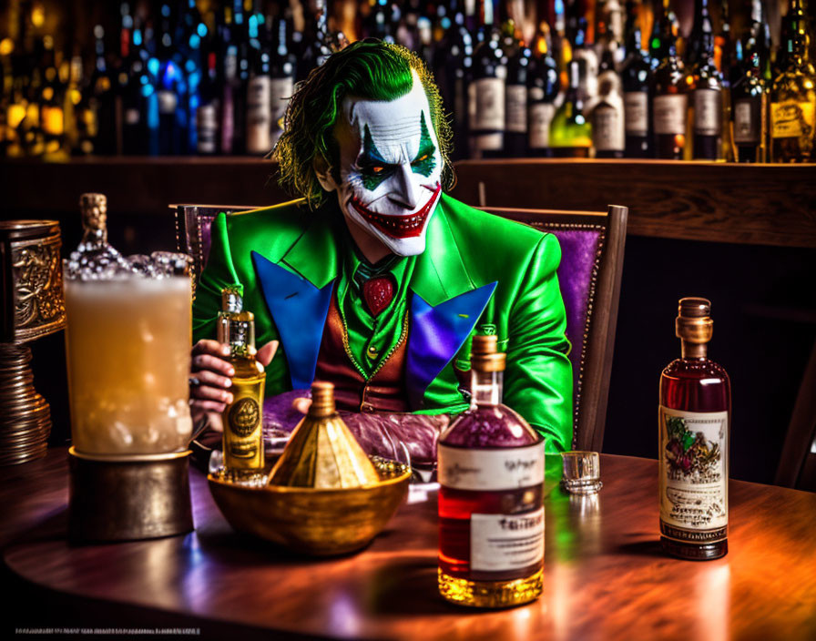 Colorful Joker Cosplay at Bar with Liquor Bottles