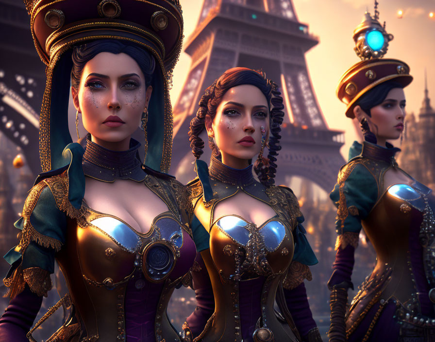Three Women in Ornate Steampunk Attire with Eiffel Tower Background