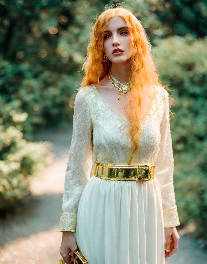 Curly Red-Haired Woman in Vintage White Lace Dress in Sunlit Forest