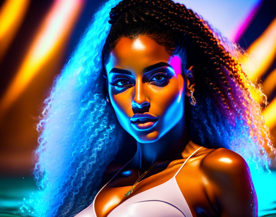 Woman with Braided Hair Glowing Under Neon Lights in White Top