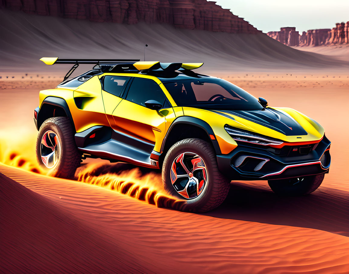 Yellow and Black Off-Road Vehicle Speeding in Desert with Red Dunes