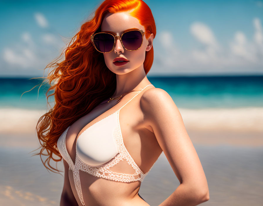 Red-Haired Woman in White Bikini on Beach with Sunglasses