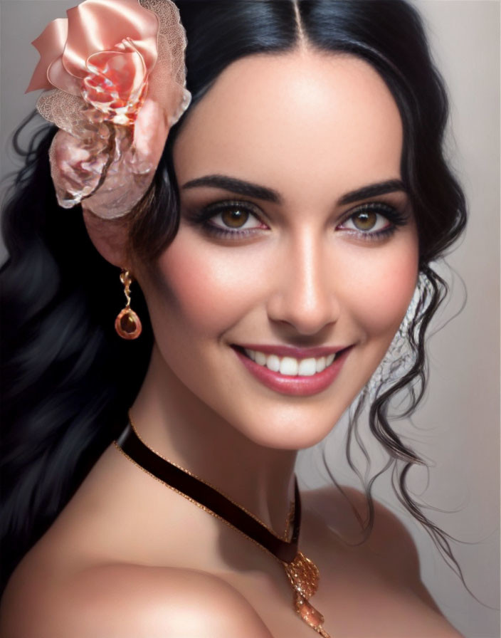 Smiling woman with dark hair and blue eyes wears flower hair accessory