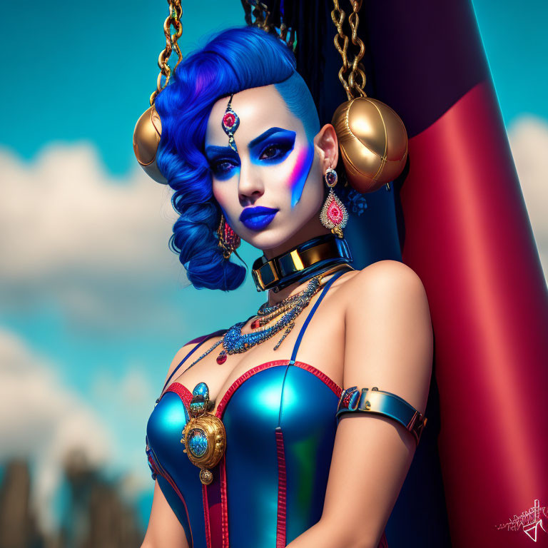 Stylized female figure with blue hair and futuristic outfit against cloudy sky