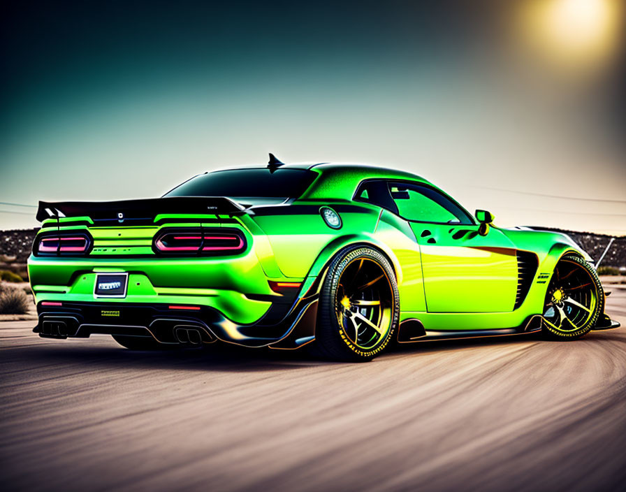 Green Sports Car with Black Stripes and Golden Rims on Open Road at Sunset