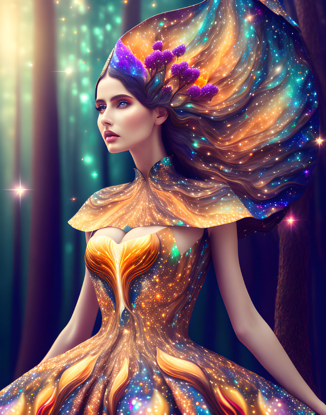 Vibrant galaxy-themed woman in flowing dress against forest backdrop