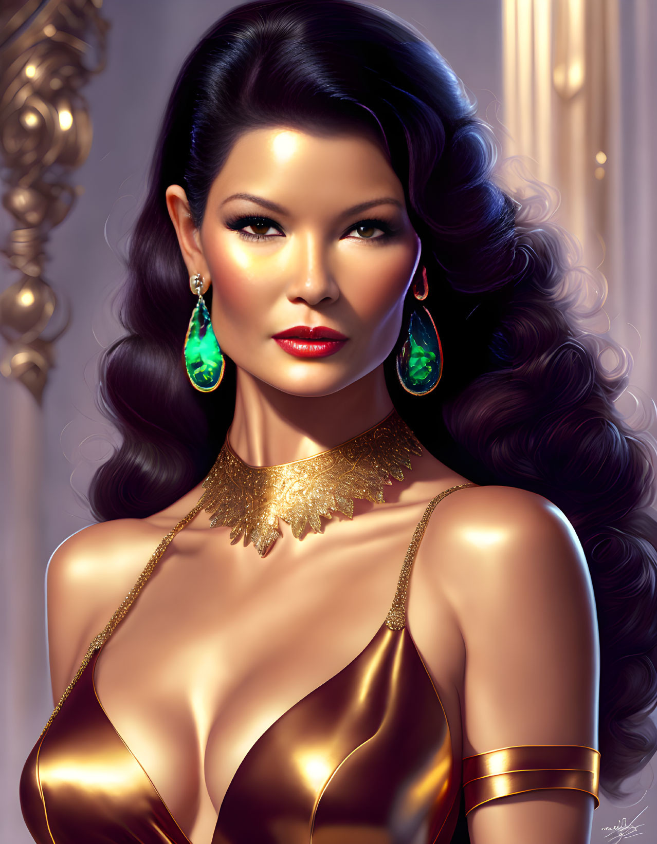 Illustrated portrait of woman with wavy hair in gold dress and jewelry