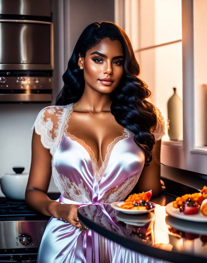 Woman in satin robe holding fruit plate in kitchen with elegant hair and makeup