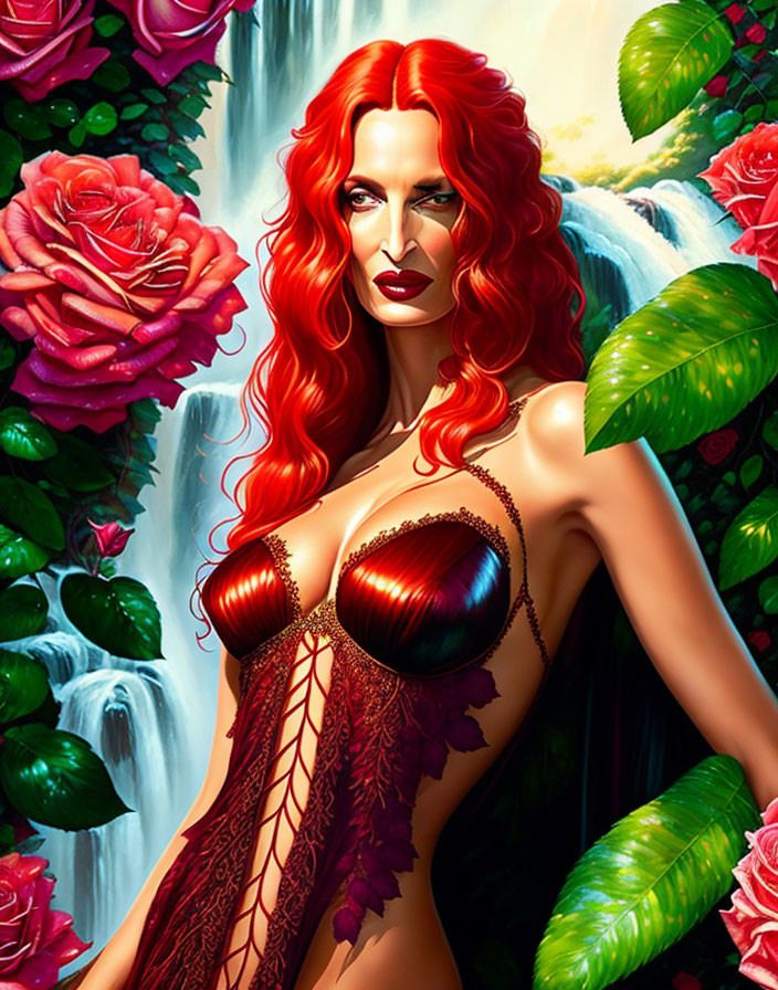 Vibrant illustration of woman with red hair in corseted outfit amidst floral backdrop