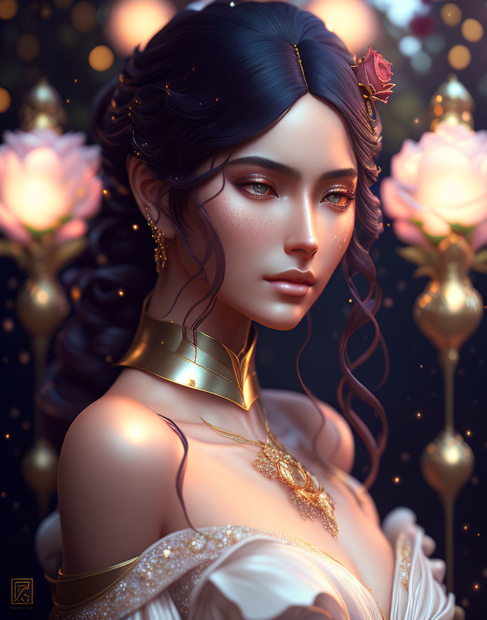 Illustrated woman with blue hair and rose, gold jewelry, surrounded by lotus flowers on dark background