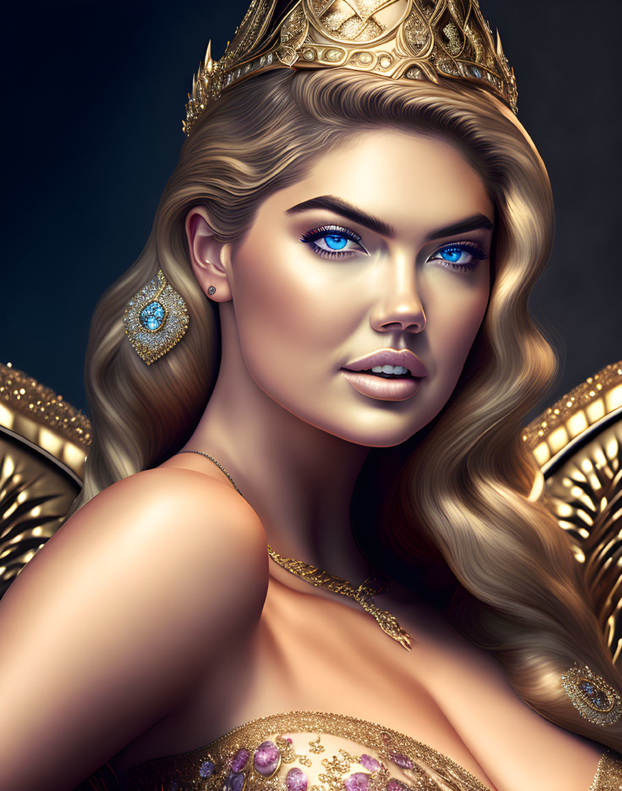Detailed Digital Art Portrait of Woman with Blue Eyes and Golden Crown