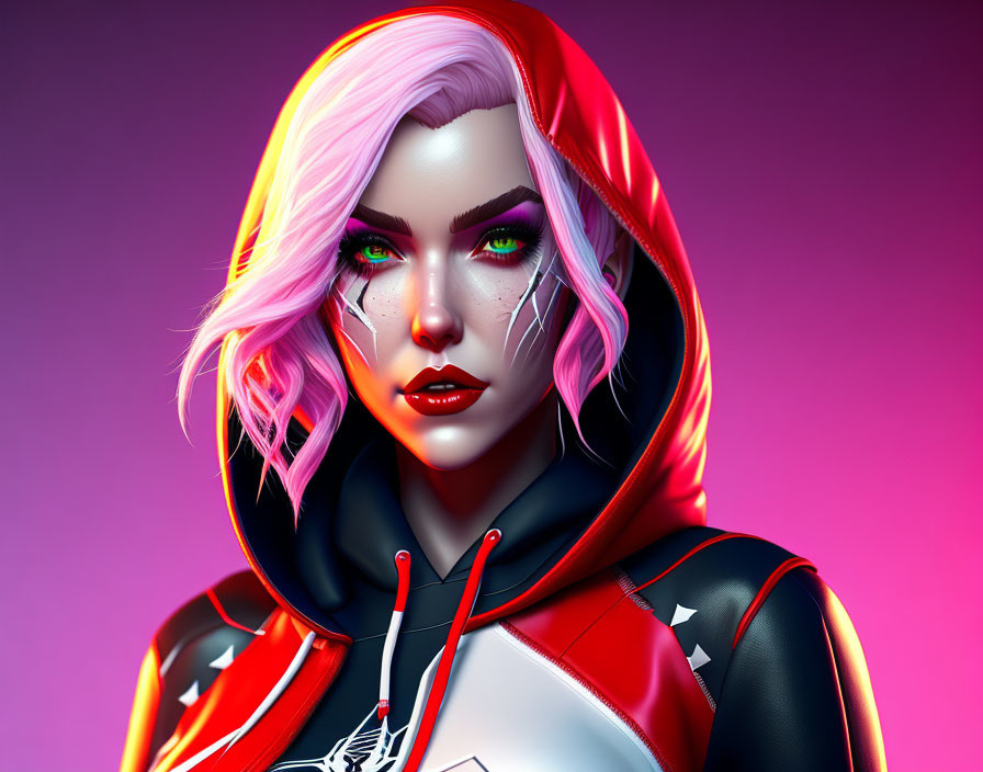Stylized female character with pink and white hair, green eyes, red hoodie, futuristic outfit,
