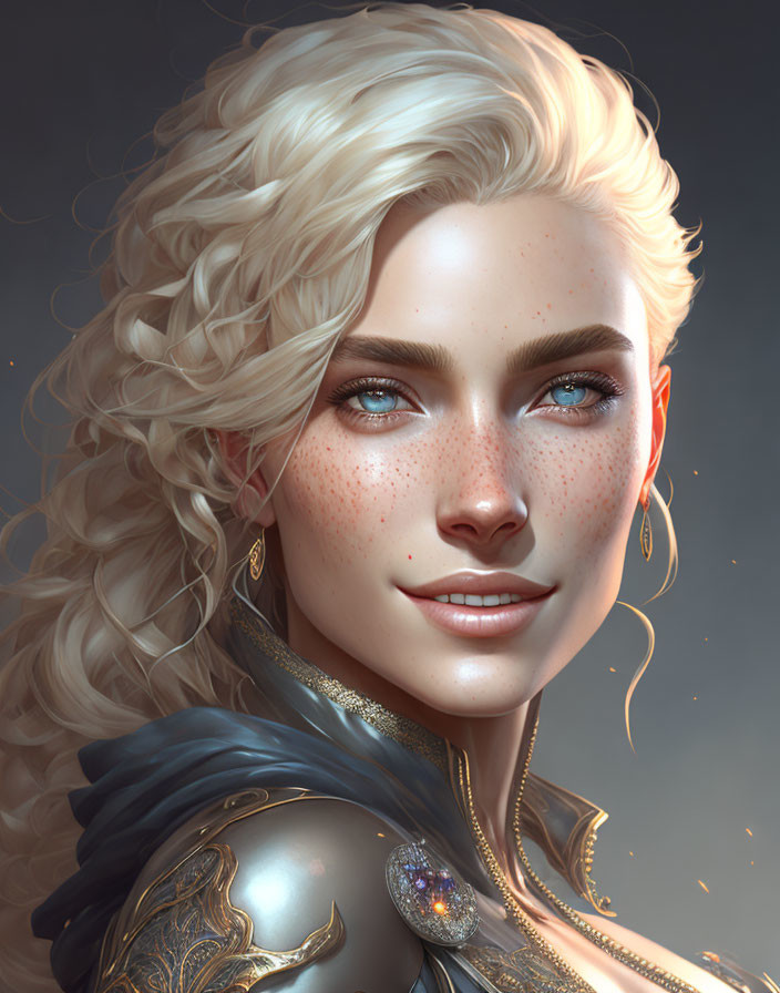 Blonde Curly-Haired Woman in Gold-Trimmed Armor Portrait