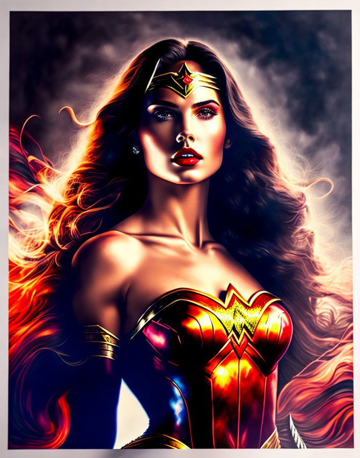 Female superhero with tiara, flowing hair, red and gold costume
