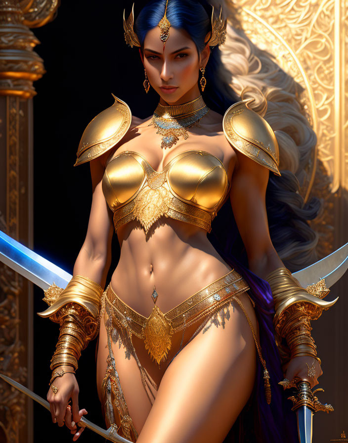Female warrior digital art: Golden armored figure wields dual swords in ornate setting