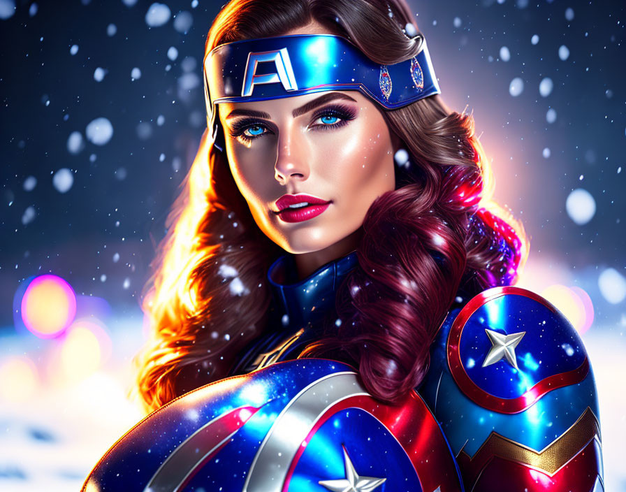 Futuristic superhero woman with blue eyes in AI costume on snowy background