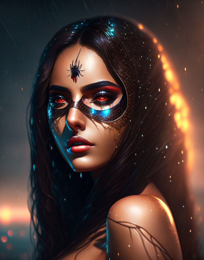 Digital portrait of woman with elaborate eye makeup and spider on forehead in fiery backdrop