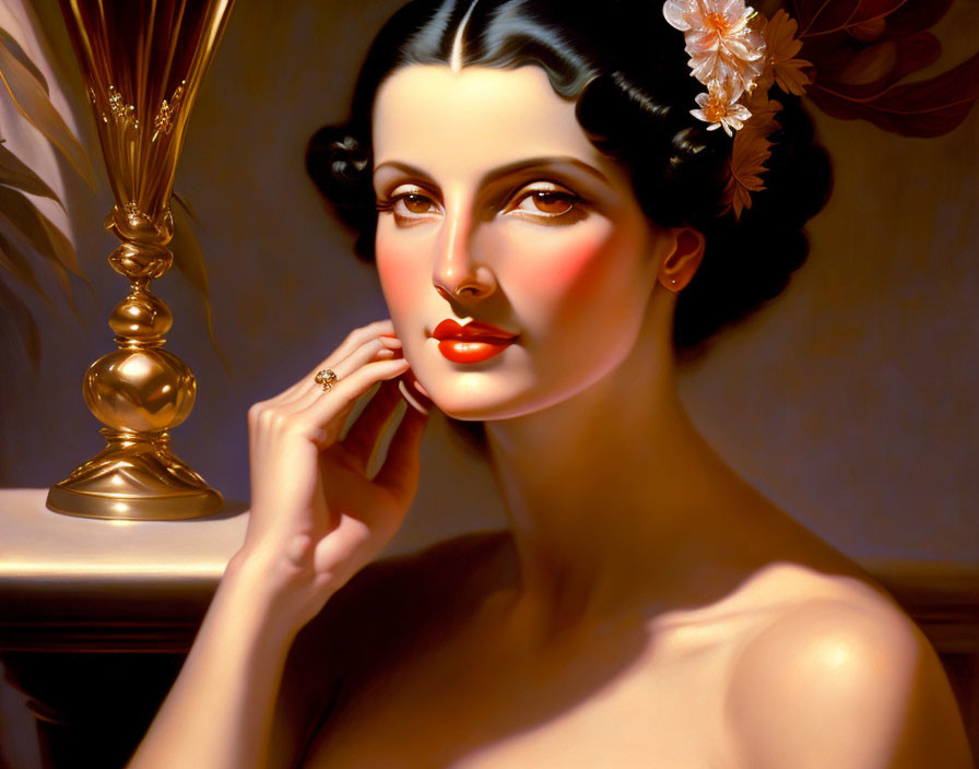 Portrait of a woman with red lips and flower, holding ring, golden vase in background
