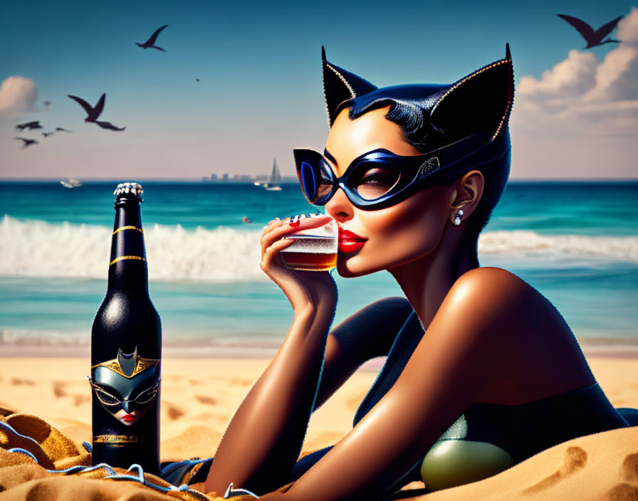 Stylized illustration of woman in Catwoman attire on sunny beach