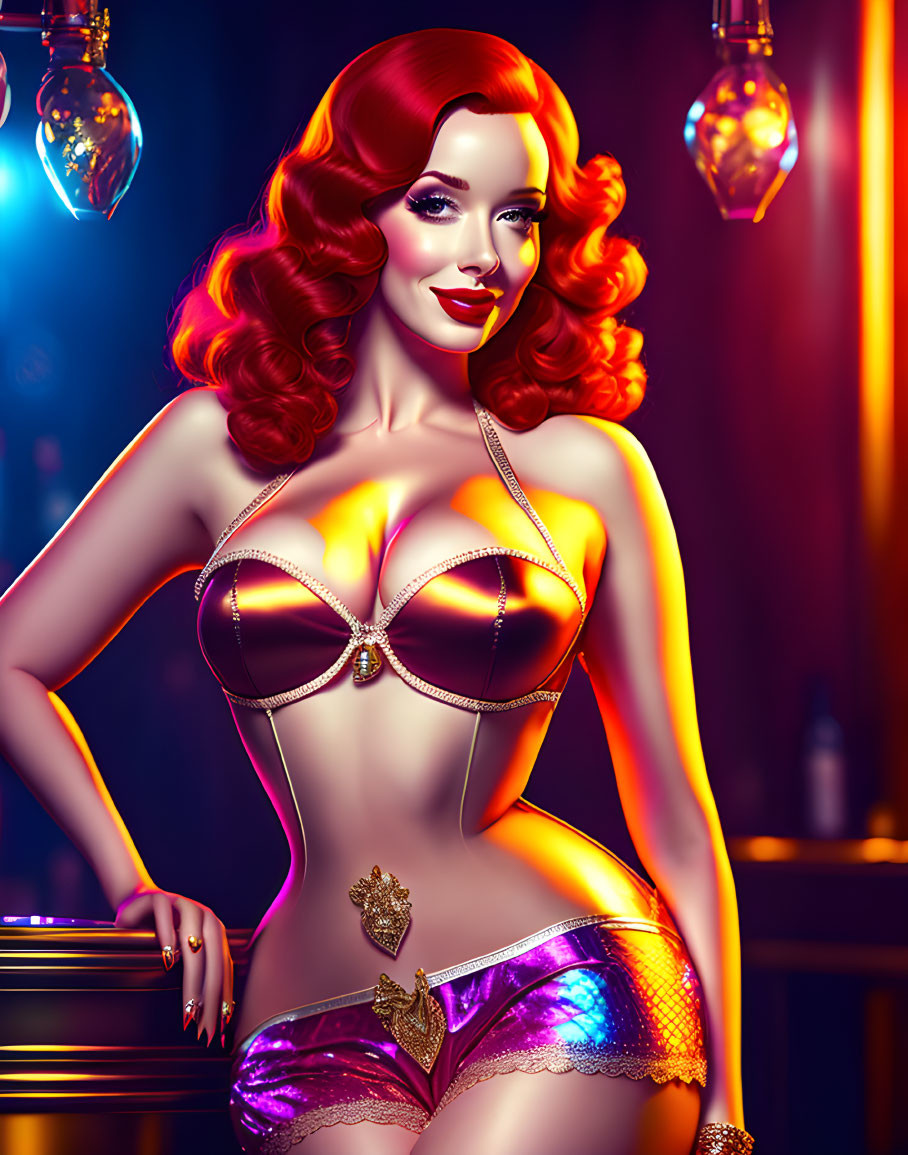 Digital illustration of woman with red hair in sparkling bikini, smiling in colorful setting.