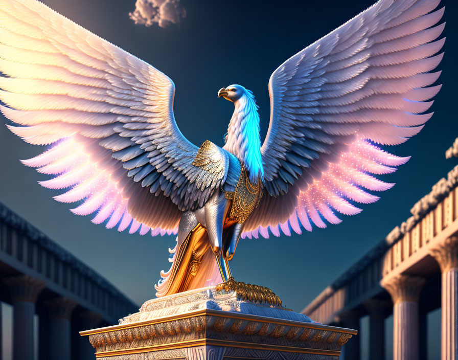 Digitally Created Eagle with Iridescent Wings on Golden Pedestal