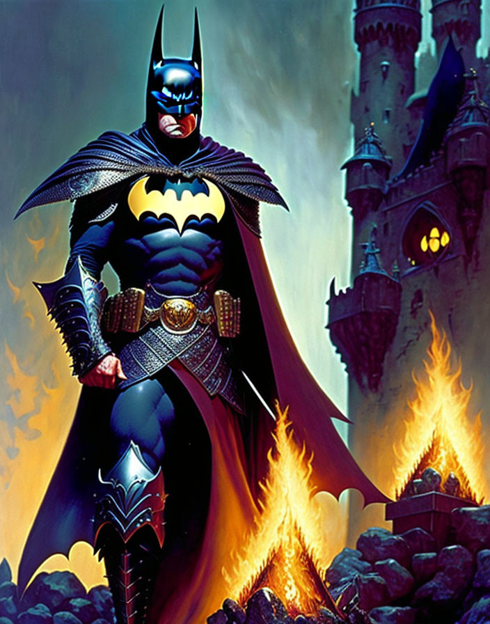 Superhero in black and yellow suit stands by flaming castle