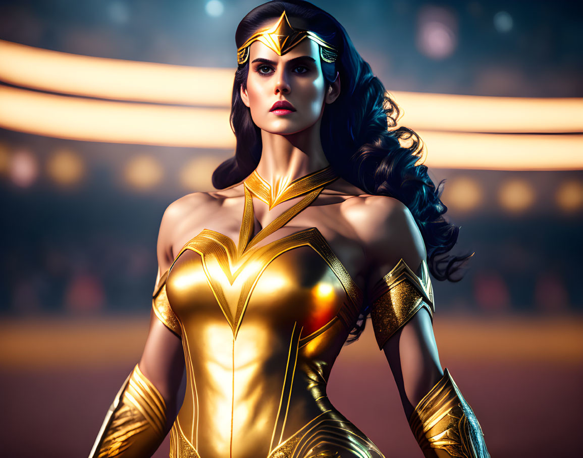 Female superhero illustration in golden costume, tiara, dark hair, and determined expression on orange backdrop