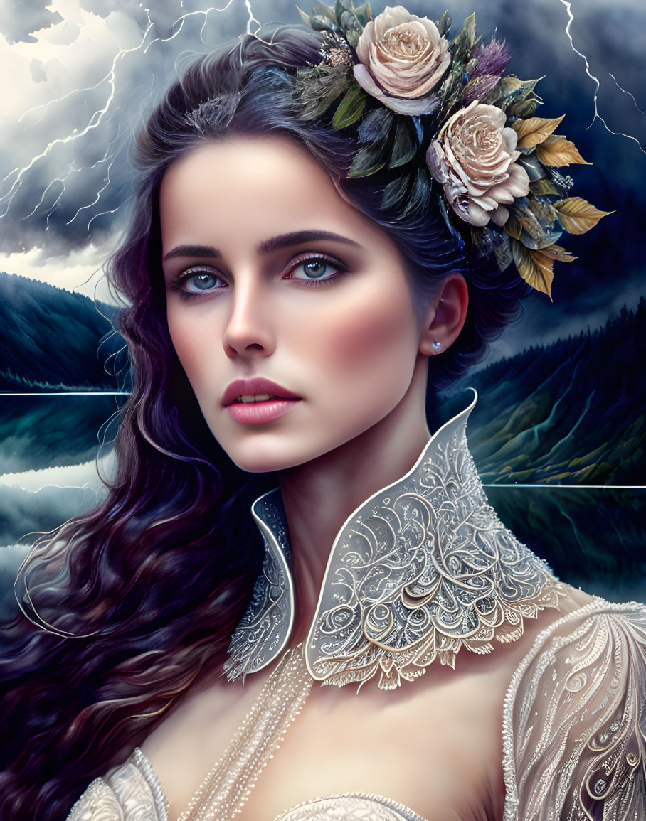 Illustrated portrait of woman with blue eyes, floral headpiece, lace collar, against stormy mountain