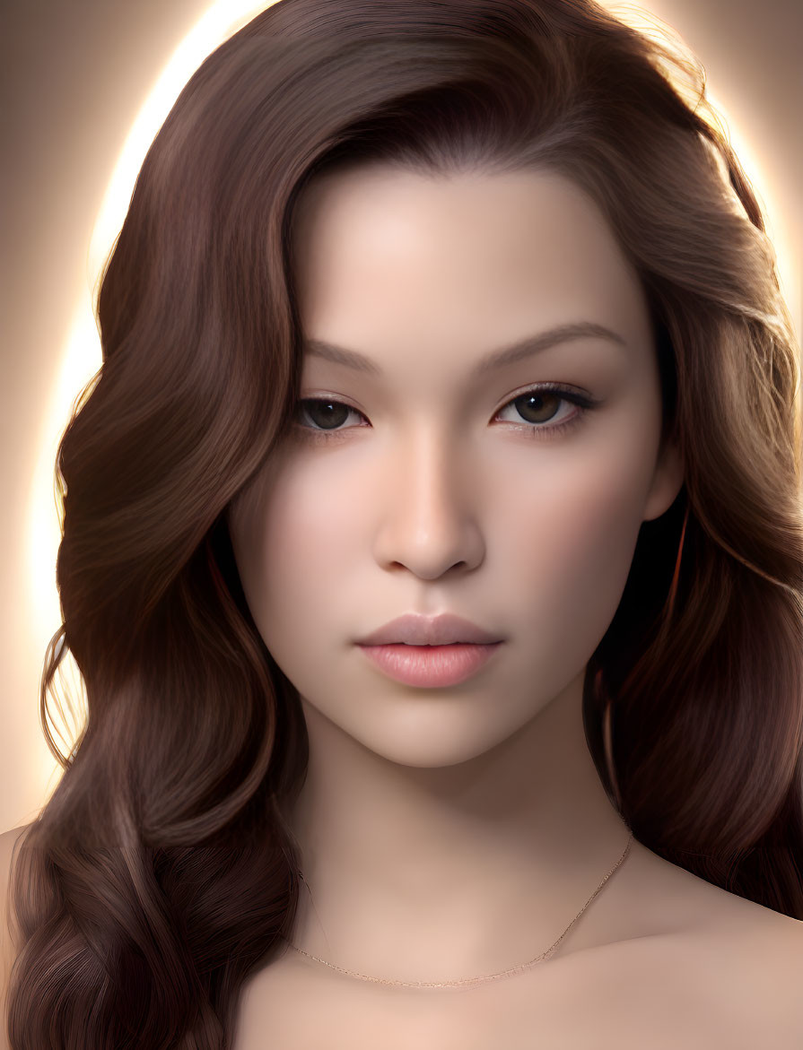 Young woman with long wavy brown hair in digital portrait