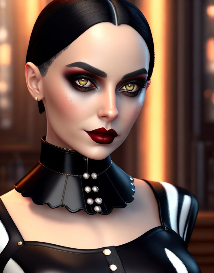 Digital portrait of woman with dramatic makeup and dark lipstick in black outfit with white accents on blurred background