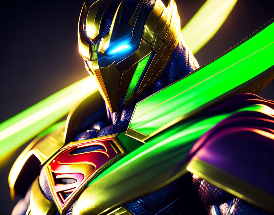 Futuristic superhero figure in 'S' logo armor with green and yellow light streaks