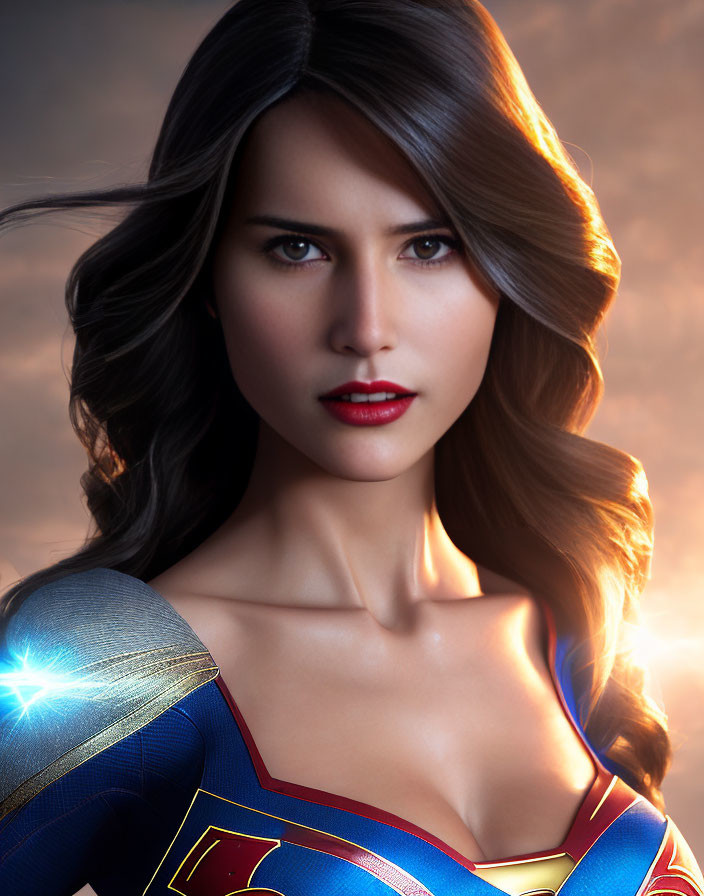 Digital artwork: Woman in blue and red superhero costume with glowing emblem on illuminated backdrop