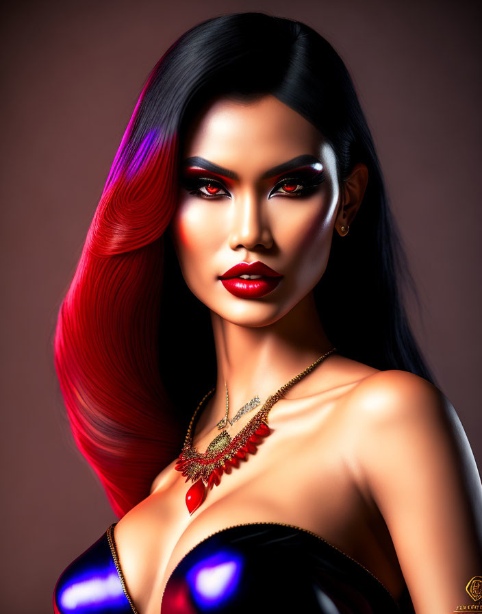 Digital artwork of woman with red and black hair, bold makeup, and detailed necklace
