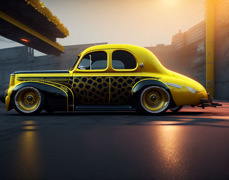 Vintage yellow car with black and honeycomb-pattern details in urban sunset scene