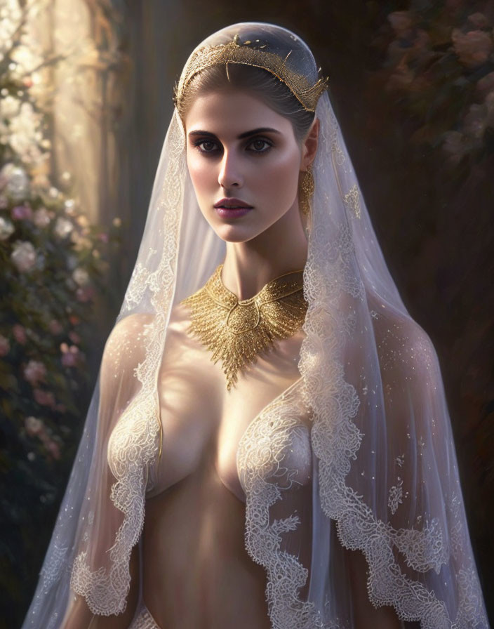 Intricate headdress and lace veil on woman in digital portrait