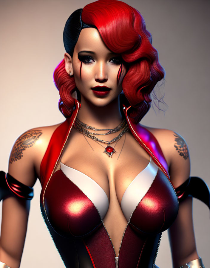 3D rendering of woman with red and black hair, red lipstick, red & white outfit, shoulder