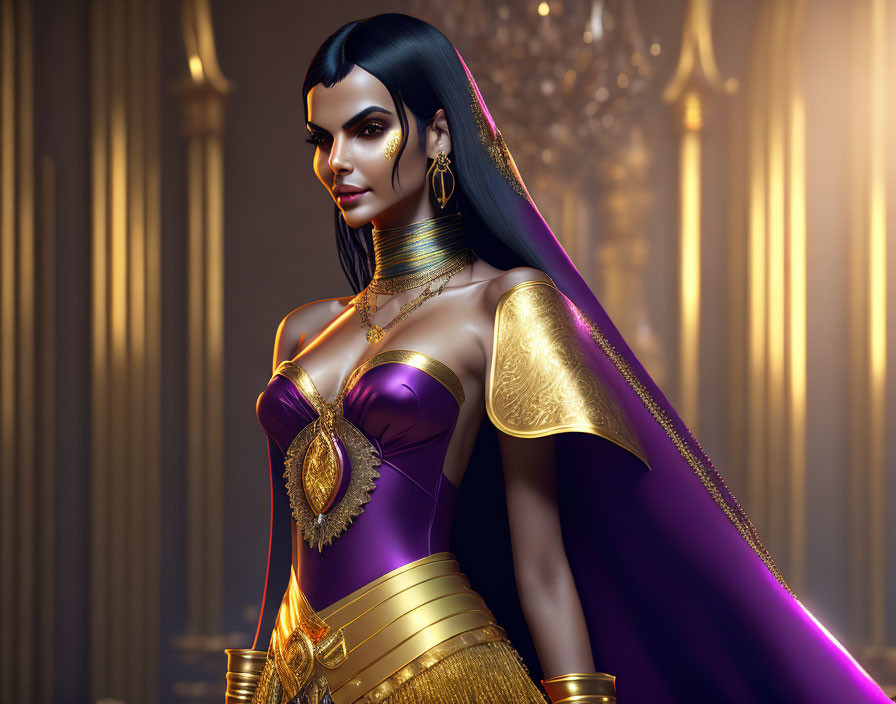 Regal woman in purple and gold dress against golden background