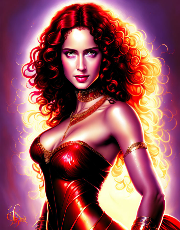 Digital portrait of a woman with curly red hair, emerald eyes, red dress, and gold jewelry