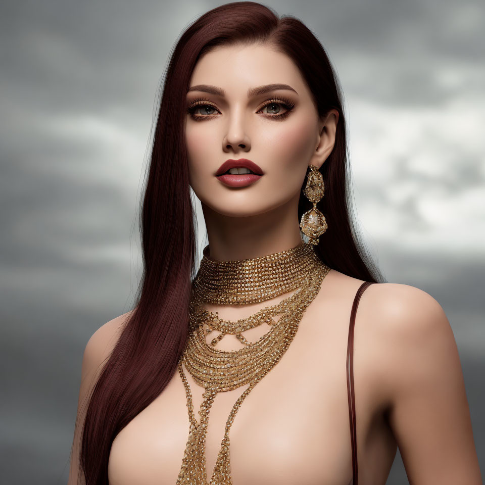 Red-haired woman with dramatic makeup and gold jewelry against cloudy sky.