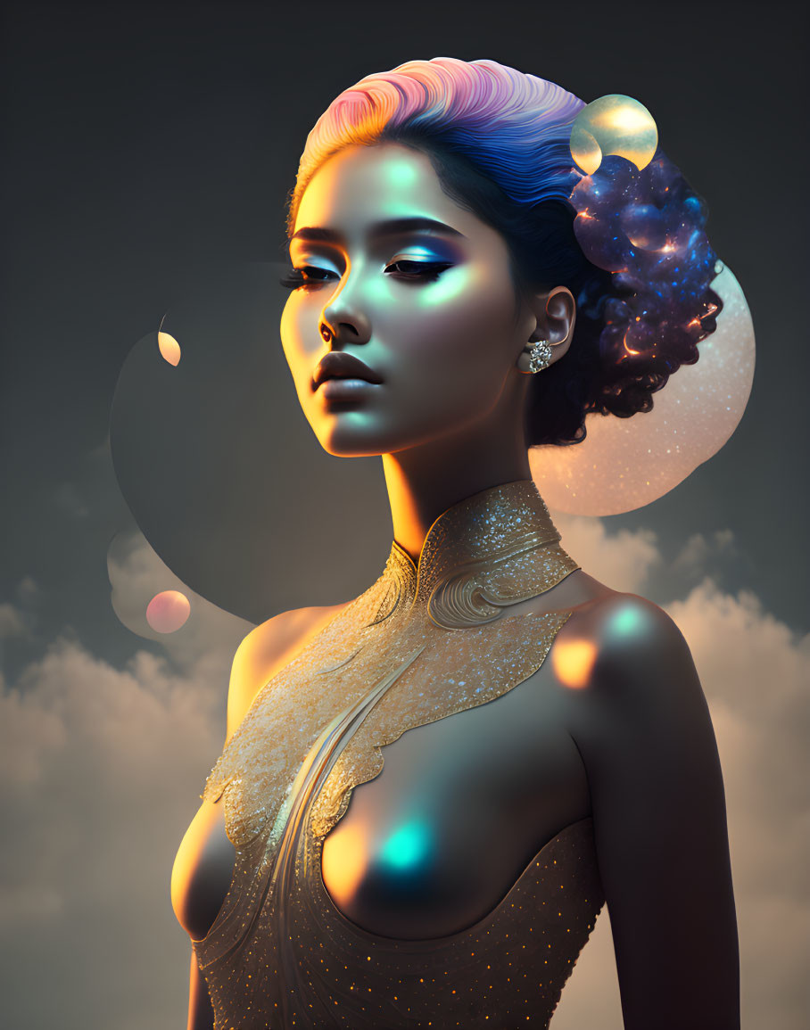 Celestial-themed surreal portrait of a woman with galaxy-inspired hair and luminous moon