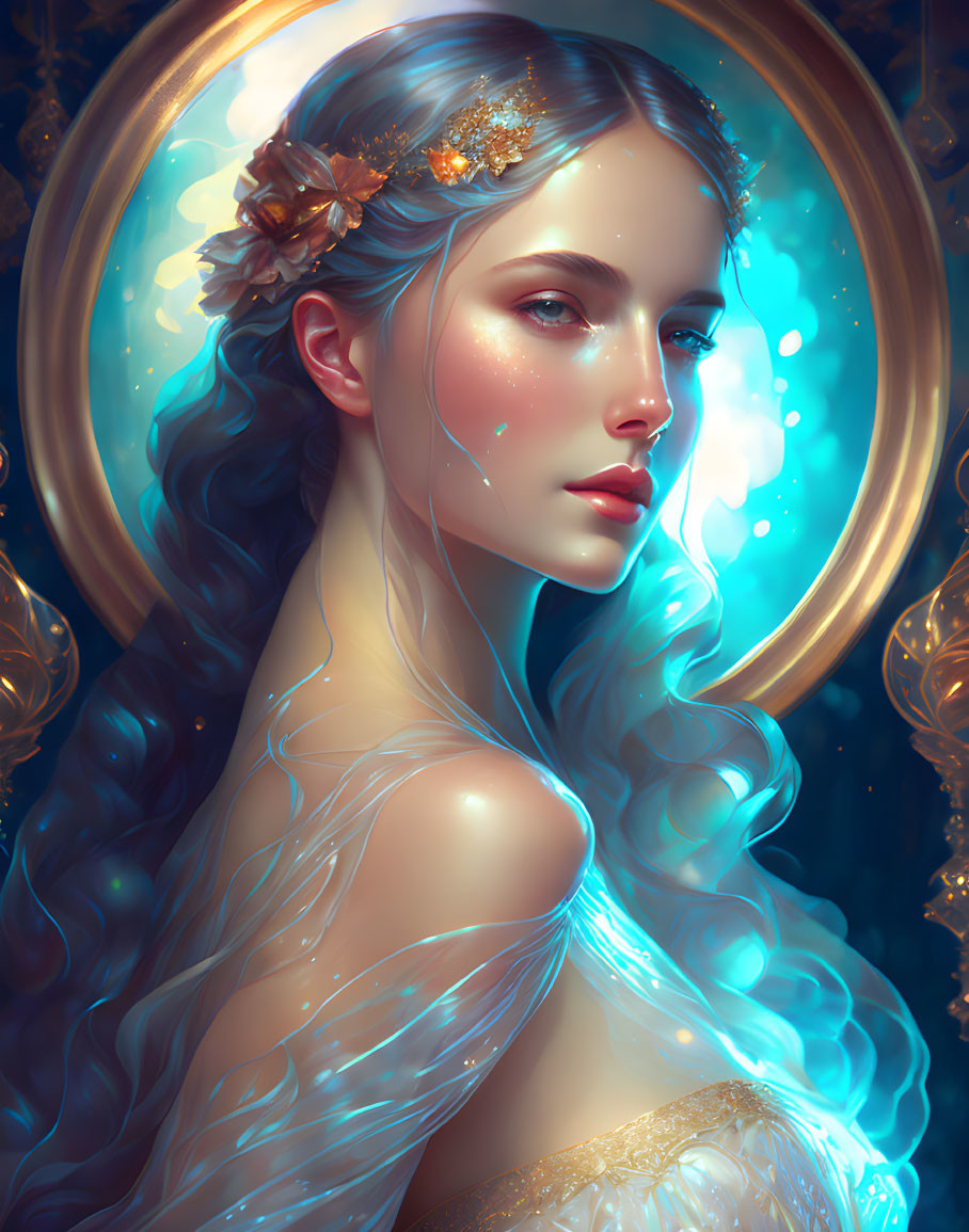Digital artwork of woman with blue hair, glowing skin, golden floral accessories, in starry backdrop.