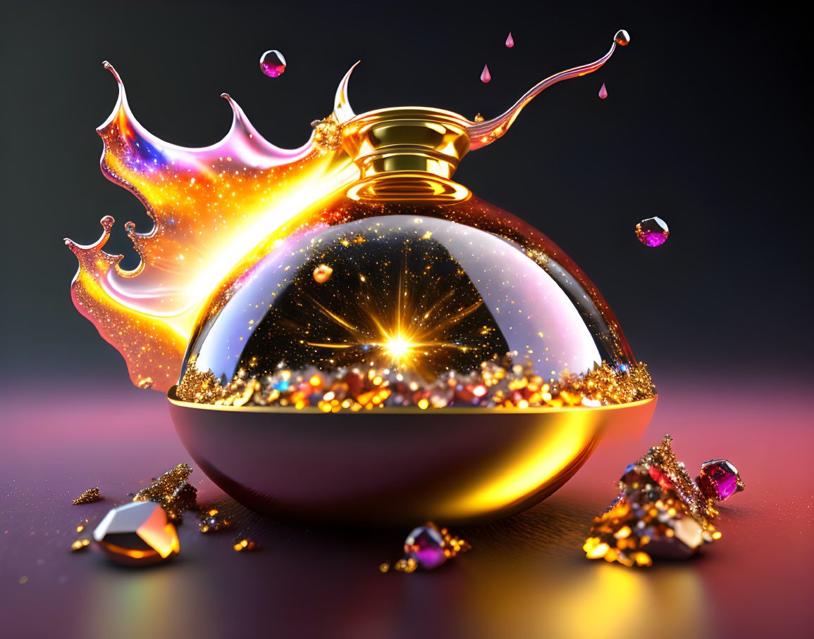 Shimmering gold perfume bottle with fiery splash on dark background