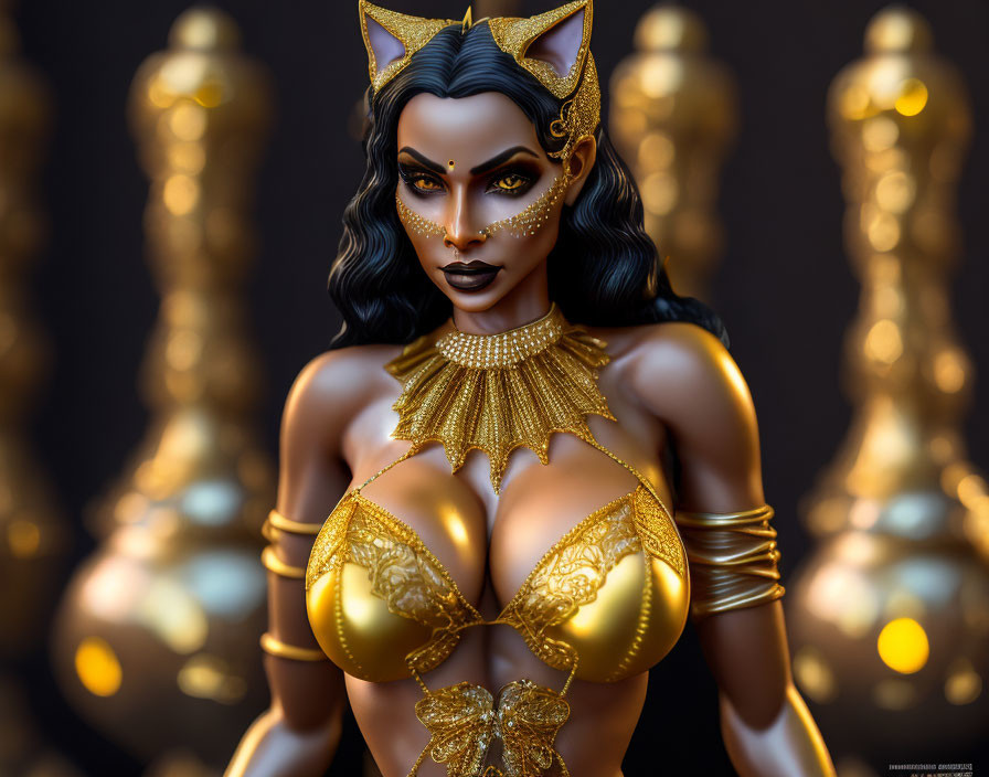 Digital artwork: Woman with feline features in ornate costume and jewelry, surrounded by identical figures