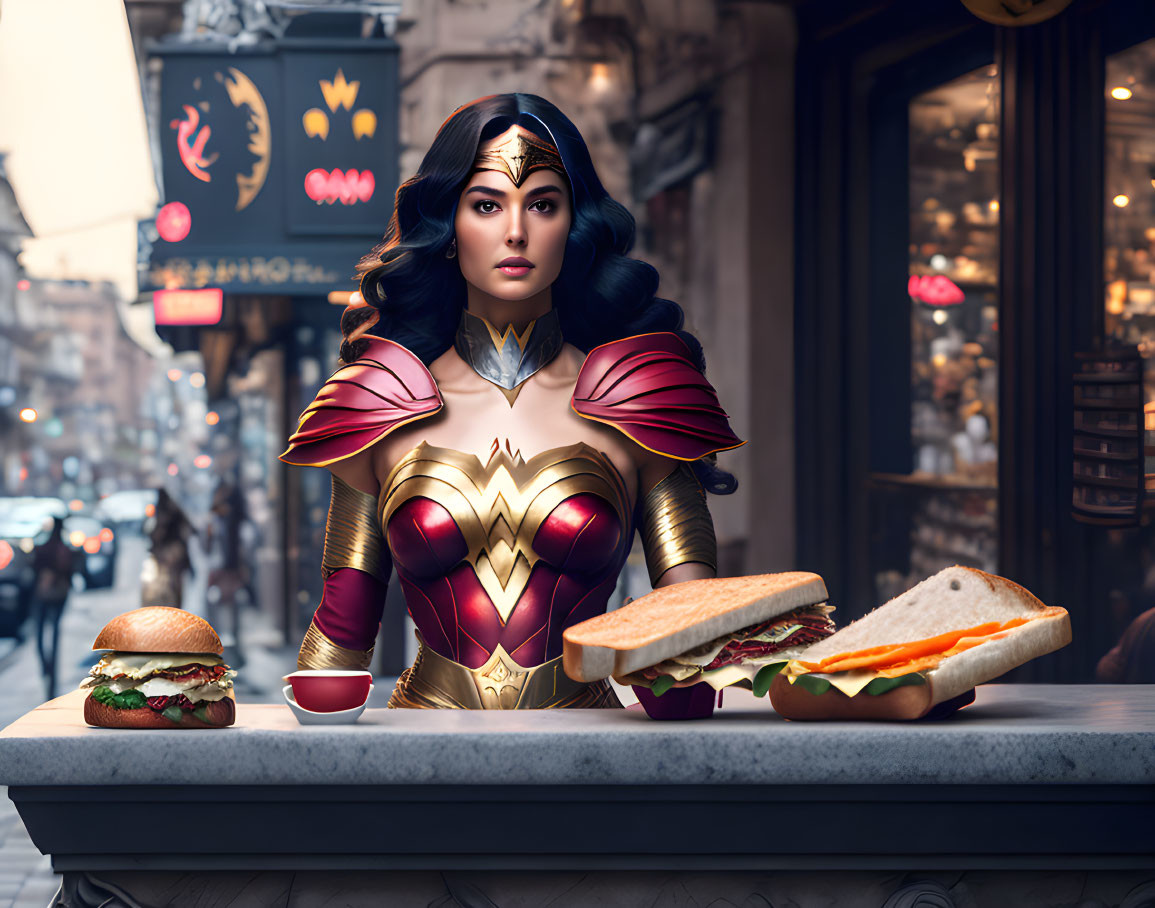 Realistic Wonder Woman illustration at café table with food