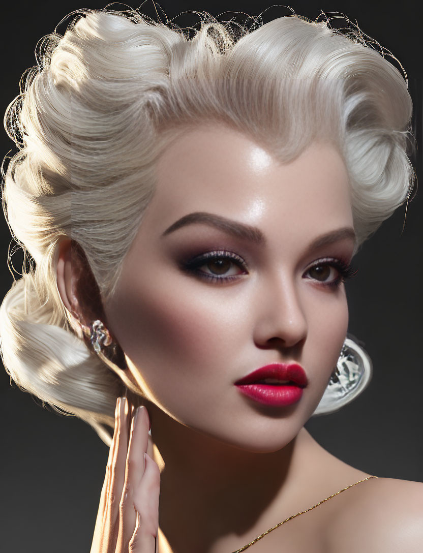 Vintage Hollywood Glam Woman Portrait with Bold Makeup and Elegant Accessories