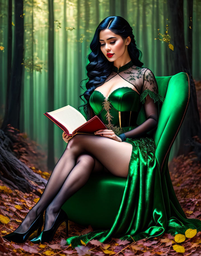Woman in Green Dress Reading Book in Forest Setting