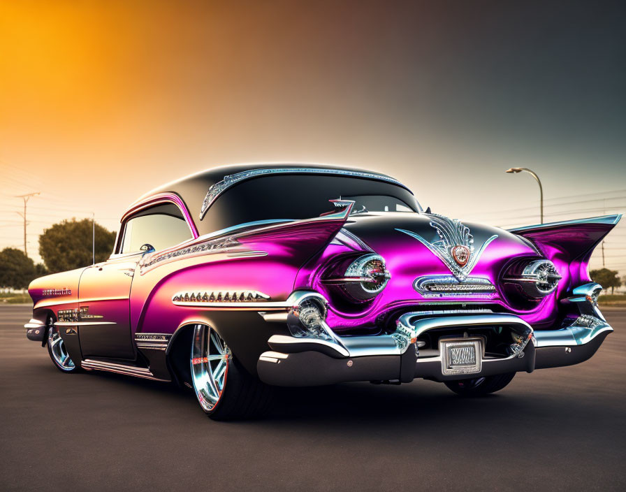 Vintage Car with Black and Pink Paint, Fins, and Chrome Detailing at Sunset