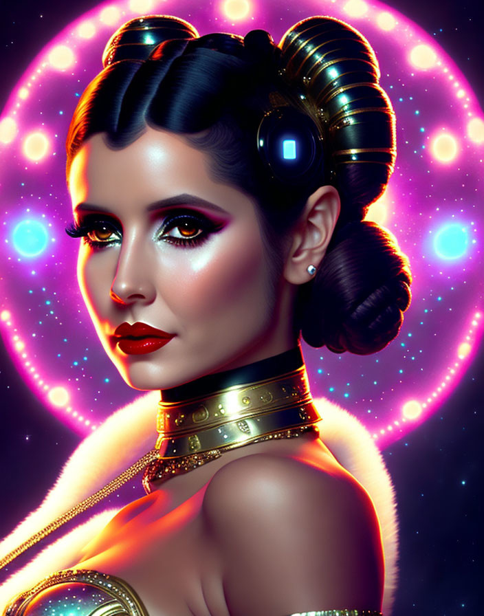 Digital artwork: Woman with sci-fi hairstyle & makeup in cosmic setting.